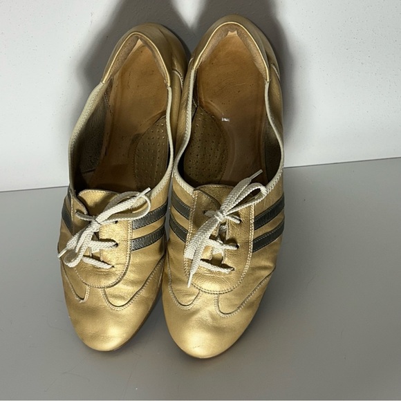 Sesto Meucci Leather Metallic Gold Lace Up Sneakers with Dark Stripes - Picture 1 of 16